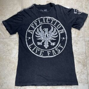 Distressed Affliction T-Shirt Mens XL Black Live Fast Crest Faded